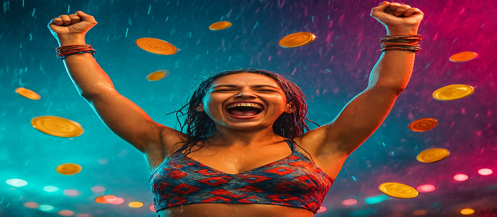 মুদ্রার ঝরনার মাঝেই রঙিন পোশাকে এক নারী